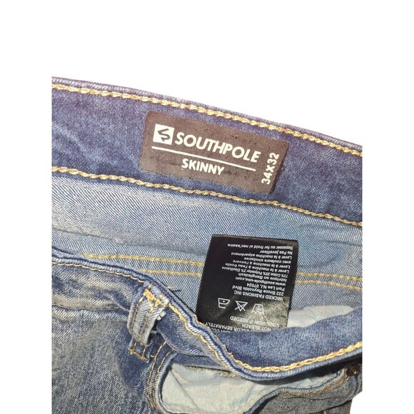 Southpole Skinny Moto Jeans Stretch Mens 34x32 Acid Wash Distressed Stacked Blue - Picture 2 of 6